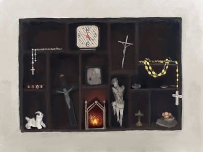 My curio shelf of collected devotional objects, digitally painted