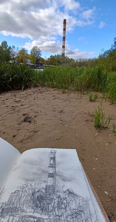 Sketching Tartu's then-standing smokestack. This landmark was useful to me as a visual guide to the skyline, much like the mountain ridges back home.