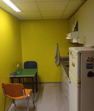 My humble, headache green dorm kitchen.