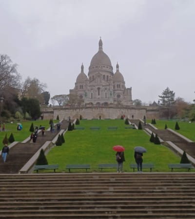 Looking up at the Sacre-Coeur Basilica.